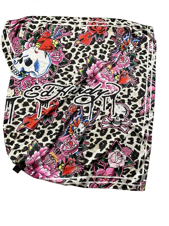 C Accessories - C Ed Hardy Leopard Skull & Rose Print Scarf in Black, White, Pink, Red